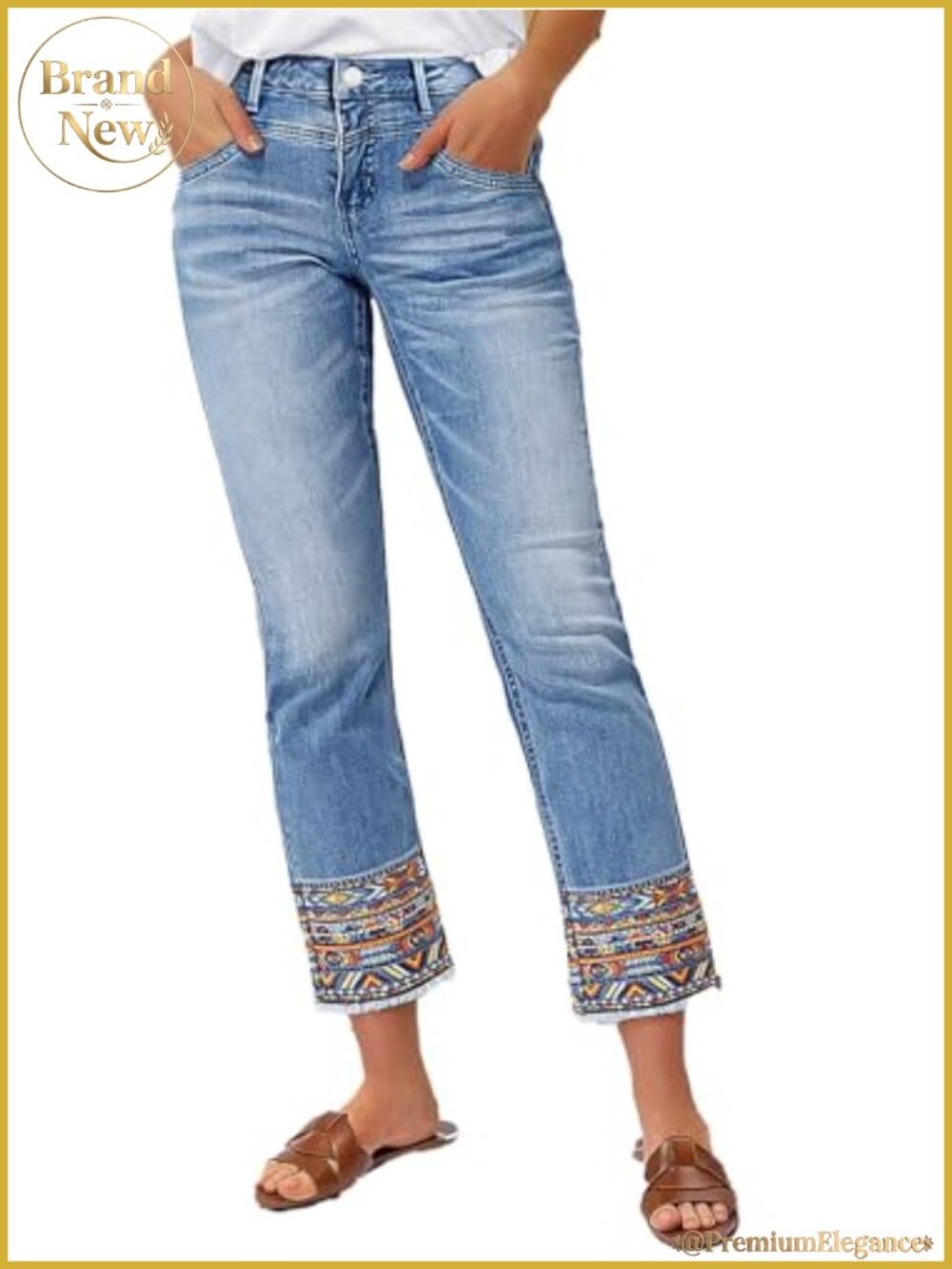 Straight Leg Cropped Jeans with Tribal Embroidery Raw Hem